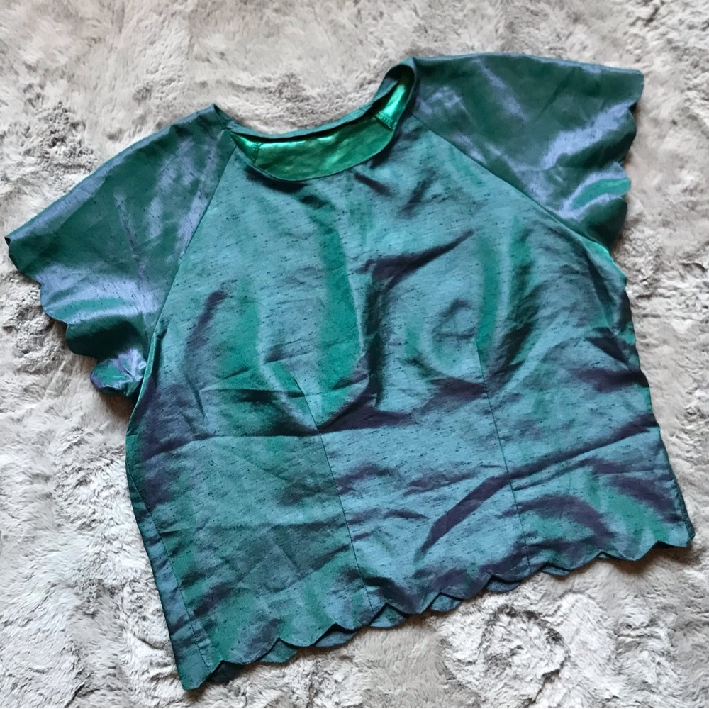 One of a kind handmade vintage top in iridescent two tone teal purple shiny